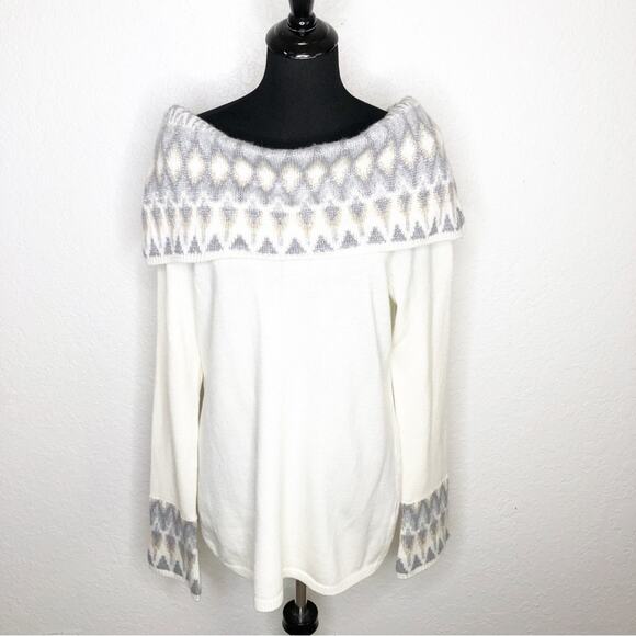 White House Black Market Sweaters - WHBM winter white gray geometric collar off shoulder tunic sweater size Large